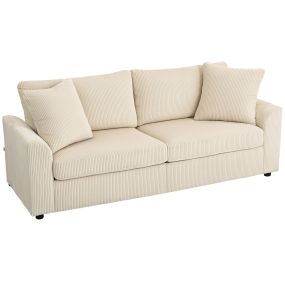 Sofá de 3 plazas tapizado en pana crema 212x80x88 cm con 2 almohadas y cojín de muelles