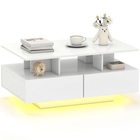 Mesa de Centro LED Moderna Mesa de Café Brillante con 4 Cajones Estante Abierto y Luces LED de 16 Colores para Salón 90x55x41 cm Blanco Brillo