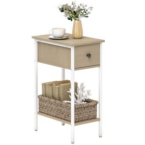 Mesa auxiliar estrecha industrial con cajón, estante abierto y estructura metálica natural 25x39,8x58,2 cm