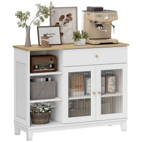 Aparador moderno blanco 2 puertas de vidrio estriado con cajón, estantes ajustables 100x35x80,3 cm
