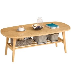 Mesa de centro de 2 niveles de madera de caucho natural 120x60x42 cm para salón y dormitorio