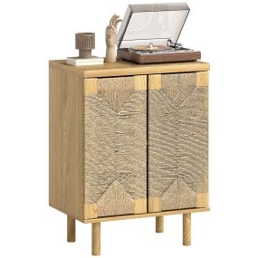 Aparador bohemio de 2 puertas con cuerda tejida a mano, estante ajustable, roble, 60x40x78 cm