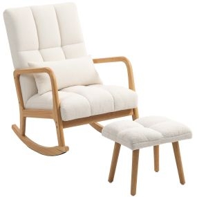 Silla mecedora con reposapiés tapizada en bouclé blanco, carga 120 kg, para salón y dormitorio