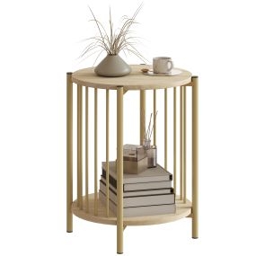 Mesa auxiliar redonda de 2 niveles con estante de almacenaje y estructura de acero Ø41x49 cm natural