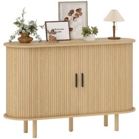 Aparador con Puertas Tambour Deslizantes, Aparador para Salón Moderno, con 4 Compartimentos y Patas de Madera, para Cocina, Entrada, Dormitorio, Roble, 120x40x78 cm