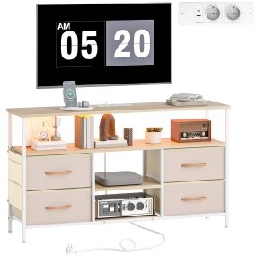 Mueble de TV con luz LED, enchufes, USB, estantes abiertos y 4 cajones de tela, beige y natural