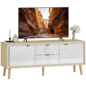 Mueble TV moderno 2 puertas y 2 cajones, 120x35x50 cm, blanco brillo y roble, para 55 pulgadas