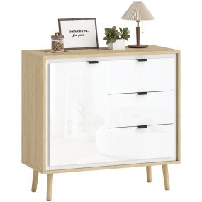 Aparador moderno de 1 puerta y 3 cajones, estante ajustable, patas de madera, 80x35x77 cm, blanco brillo y roble