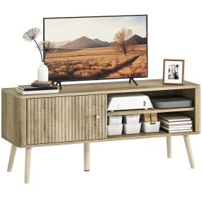 Mueble de TV, Mesa de TV 115 cm, Mueble para Televisión hasta 55 Pulgadas, con Puerta Acanalada, Estante Ajustable, Compartimentos Abiertos y Orificio para Cables, para Salón, Comedor, Roble
