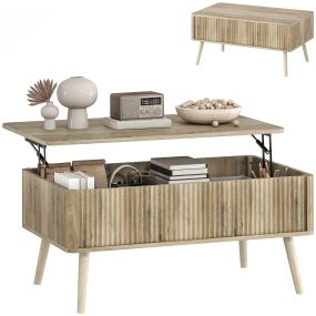 Mesa de centro elevable de roble con compartimentos ocultos y patas de pino 91x56-80,5x43-57,5 cm