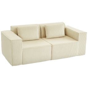 Sofá de 3 plazas tapizado en pana beige 202x90x76 cm con 2 almohadas