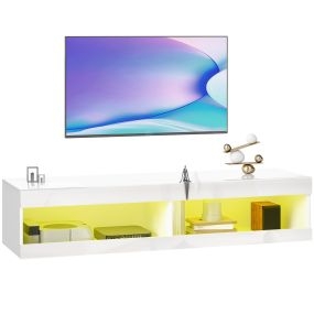 Mueble de TV suspendido con luces LED, control remoto, compartimentos y pasacables, blanco brillo