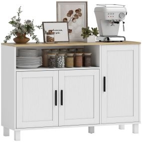 Aparador de 3 puertas con cierre suave, estantes ajustables, patas de madera, blanco, 110x33x75 cm