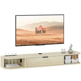 Mueble de TV suspendido para salón con cajón abatible, 2 estantes, gestión de cables, 120x24x16 cm, madera natural