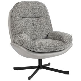 Sillón giratorio moderno tapizado en chenilla y cuero PU, gris, con base cruz y patas de acero