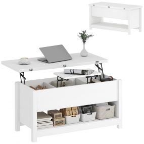 Mesa de Centro Elevable y Extensible, Mesa de Salón con Compartimentos Ocultos, Estante Abierto, para Comedor, Oficina, 100x90x64 cm, Blanco