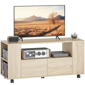 Mueble de TV con Ruedas, Mesa de TV Móvil, Mueble para Televisión hasta 42 Pulgadas, con 2 Cajones, Estantes Ajustables, para Salón, Comedor, Dormitorio, Madera Natural