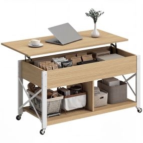Mesa de Centro Elevable con Ruedas, Mesita de Salón con Compartimento Oculto, Estantes Abiertos, Mesa de Café para Comedor, Oficina, 105x50x67 cm, Madera Natural y Blanco