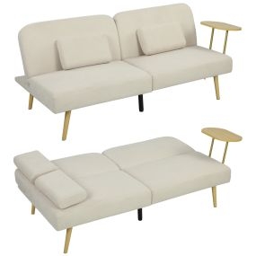 Sofá cama 3 plazas 3 en 1 con mesa auxiliar, respaldo ajustable, beige, 196x86x81 cm
