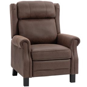 Sillón relax reclinable manual de cuero sintético marrón con reposapiés y respaldo alto