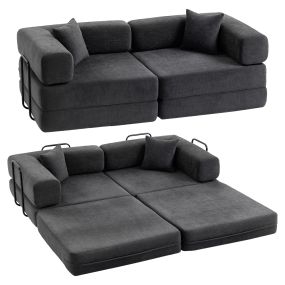 Sofá Cama de 2 Plazas Plegable, Sofá Cama, Tapizado en Chenilla, con 2 Almohadas, Reposabrazos Anchos, Acolchado Grueso, No Requiere Montaje, para Dormitorio, Salón, Gris Oscuro