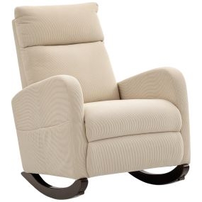Silla mecedora de pana beige con respaldo alto, patas de madera de caucho, 120 kg