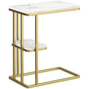 Mesa auxiliar en C de 2 niveles con estante, 50x30x57,5 cm, blanco efecto mármol