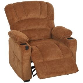 Sillón relax reclinable eléctrico de terciopelo marrón con memoria, USB y portavasos