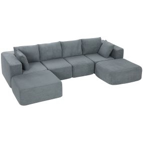Sofá modular en U de 4 plazas con 2 taburetes y 2 almohadas, terciopelo gris oscuro