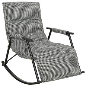 Silla mecedora con respaldo y reposapiés ajustables, tapizada en lino, negro y blanco