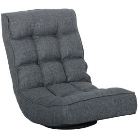 Silla de suelo plegable giratoria 360° con respaldo ajustable, lino acolchado, gris, 58x107x79 cm