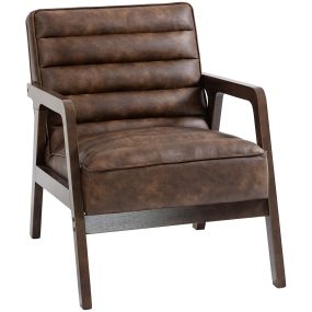 Butaca de salón tapizada en PU con marco de madera maciza, asiento acolchado, marrón