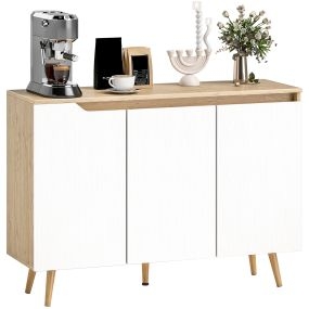 Aparador de 3 puertas con estantes ajustables, patas de madera, roble y blanco, 107x35x76,5 cm