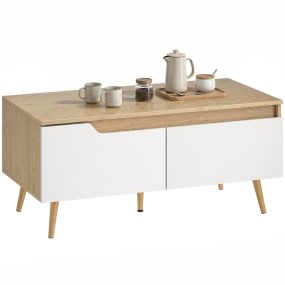 Mesa de centro moderna con 2 cajones, patas de madera de pino, 100x50x46 cm, roble