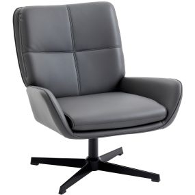 Sillón giratorio tapizado en PU gris con asiento acolchado, reposabrazos y patas metálicas