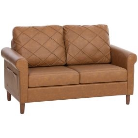 Sofá de 2 plazas tapizado en PU marrón con cojín grueso y patas de madera maciza 134x71x82 cm