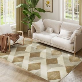 Alfombra lavable 170x120 cm pelo corto cuadros crema y marrón para salón dormitorio comedor