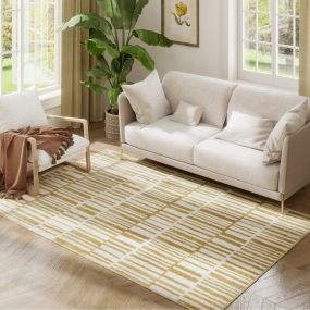 Alfombra lavable 170x120 cm pelo corto a rayas crema para salón dormitorio y comedor