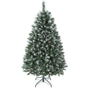 Árbol de Navidad artificial 150 cm con 581 ramas, nieve, 44 piñas y soporte metálico plegable