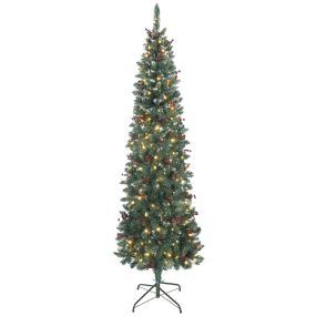 Árbol de Navidad estrecho 210 cm con luces LED, 8 modos, ramas con purpurina, piñas y bayas, verde