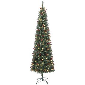 Árbol de Navidad estrecho 230 cm con luces LED, 8 modos, ramas con purpurina, piñas y bayas, verde