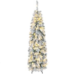 Árbol de Navidad estrecho 180 cm nevado con luces LED bicolores, temporizador y 11 modos, verde