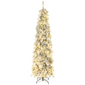 Árbol de Navidad estrecho nevado 225 cm con luces LED bicolores, 11 modos, 800 ramas, verde