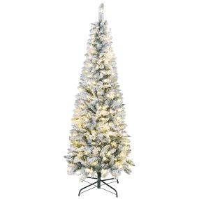 Árbol de Navidad estrecho 180 cm nevado con luces LED bicolores, 11 modos, 479 ramas, verde