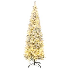 Árbol de Navidad estrecho 210 cm nevado con luces LED bicolores, 11 modos, 687 ramas, verde