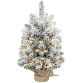 Árbol de Navidad artificial 60 cm con 35 luces LED, nieve, piñas, bayas y base de arpillera, verde