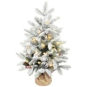 Árbol de Navidad artificial de 60 cm con 35 luces LED, ramas densas con nieve, piñas y bayas, base de arpillera, verde