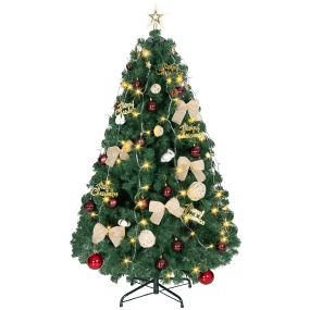 Árbol de Navidad Ø90x150 cm con Adornos y Estrella, 150 Luces LED, Árbol de Navidad Decorado con 8 Modos de Iluminación, 480 Ramas, Soporte de Acero, Decoración para Hogar, Fiesta, Interior