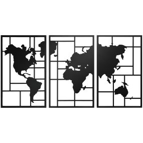 Decoración de pared de metal mapa mundial 3 piezas negro