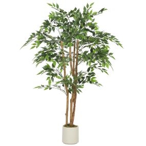 Ficus artificial 150 cm con tronco natural y maceta, decoración interior verde